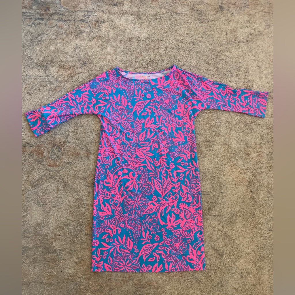 Lilly Pulitzer Xxs Pink Leaf An Impression Braedyn Upf50+ Dress 3/4 Sleeve